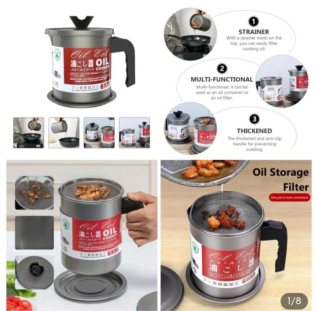 Kitchen Oil Filter Pot 1.4L – Stainless Steel Oil Strainer Container with Fine Mesh Filter for Cooking Oil Storage