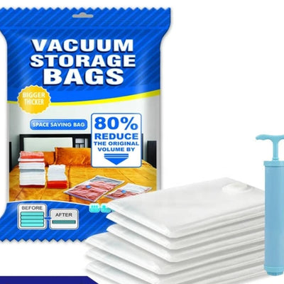 Vacuum Storage Bags Set – 5 Compression Bags with Manual Suction Pump for Clothes, Blankets & Bedding Space Saver