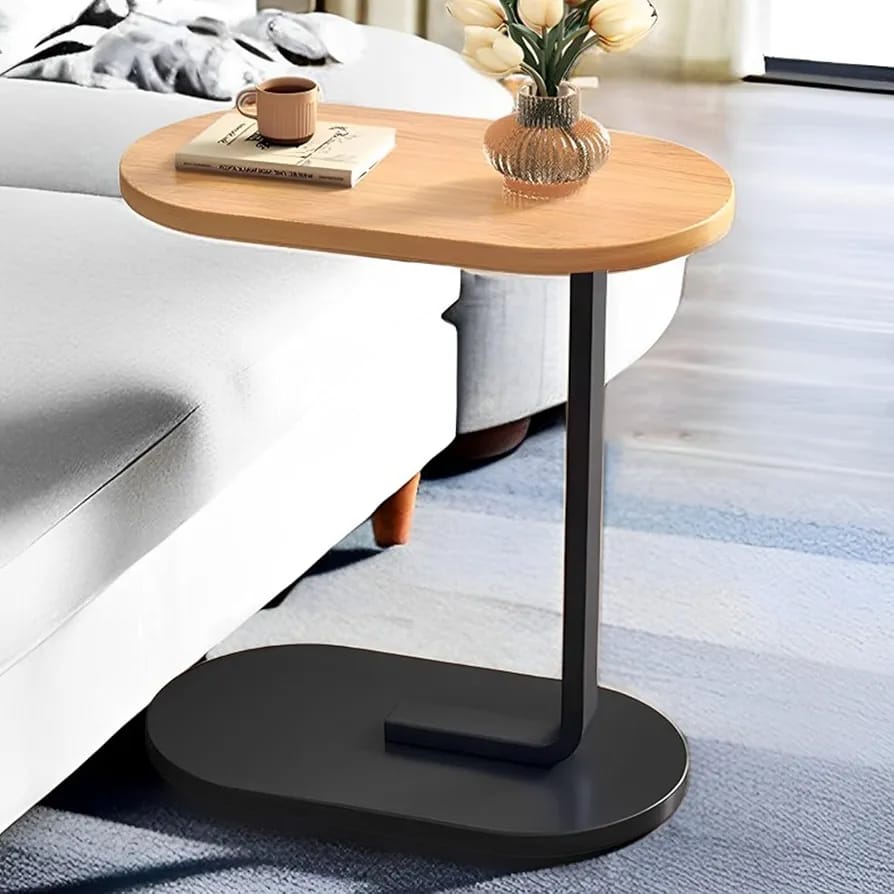 Modern C-Shape Side Table – Portable Laptop & Coffee Table with Metal Frame and Wooden Top for Sofa, Bed & Chair