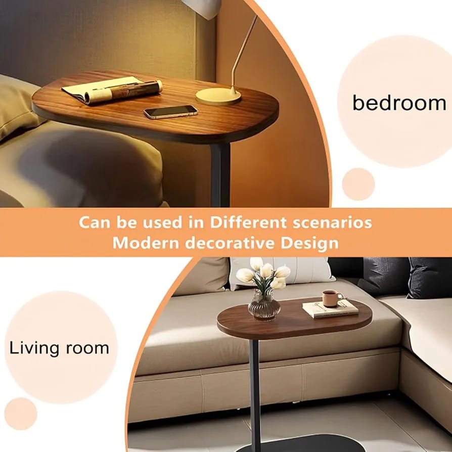 Modern C-Shape Side Table – Portable Laptop & Coffee Table with Metal Frame and Wooden Top for Sofa, Bed & Chair