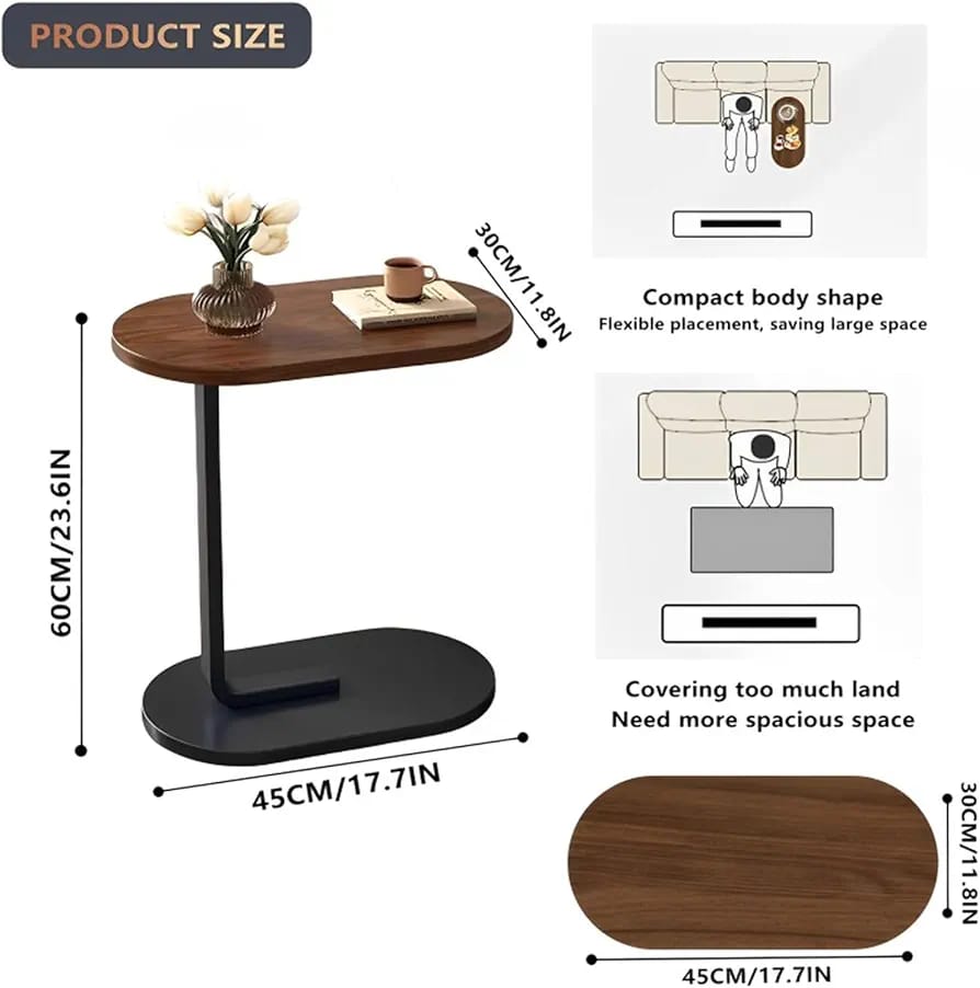 Modern C-Shape Side Table – Portable Laptop & Coffee Table with Metal Frame and Wooden Top for Sofa, Bed & Chair