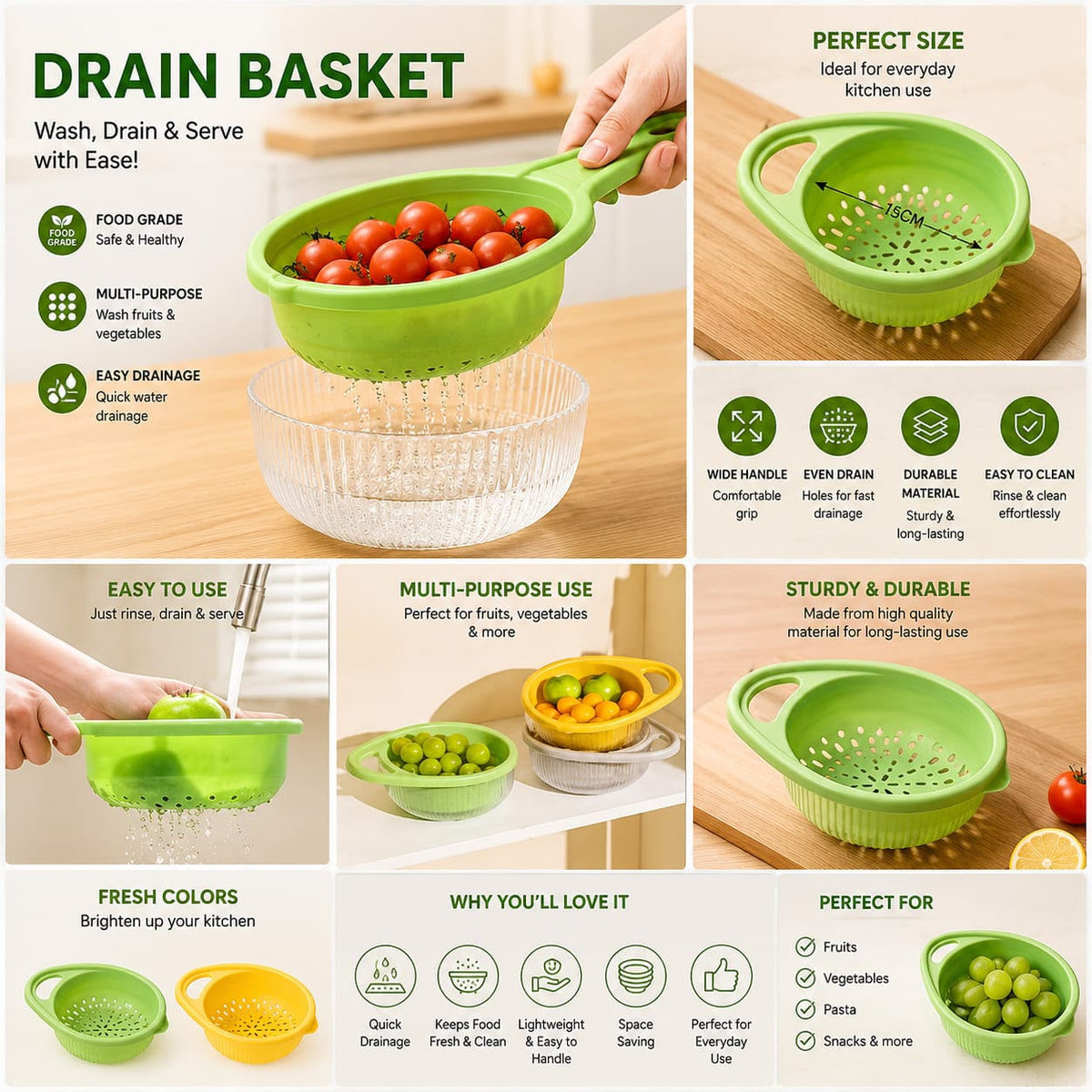 Plastic Drain Basket – Multipurpose Kitchen Sink Strainer & Fruit Vegetable Washing Basket