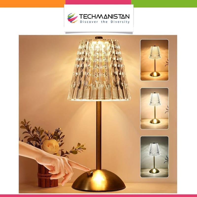 Crystal Touch Control Table Lamp – USB Rechargeable LED Cordless Bedside Lamp for Bedroom, Living Room & Dining Decor