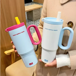 Stainless Steel Thermos Cup with Straw & Handle – Vacuum Insulated Travel Mug for Coffee, Water & Cold Drinks
