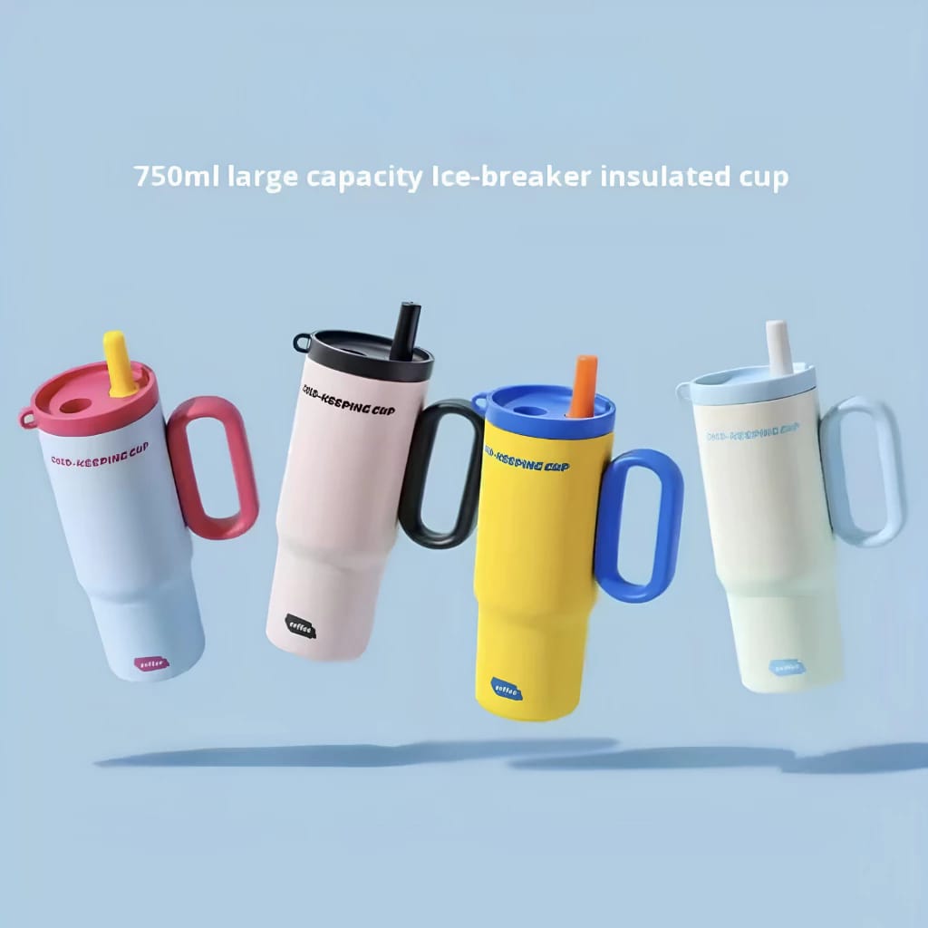 Stainless Steel Thermos Cup with Straw & Handle – Vacuum Insulated Travel Mug for Coffee, Water & Cold Drinks