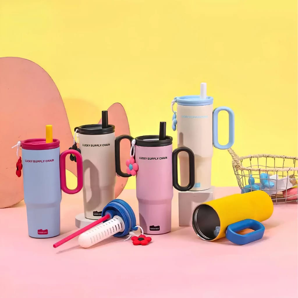Stainless Steel Thermos Cup with Straw & Handle – Vacuum Insulated Travel Mug for Coffee, Water & Cold Drinks