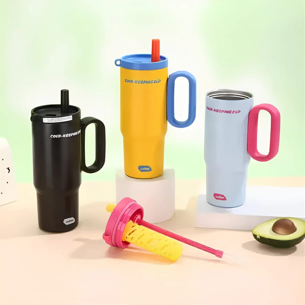 Stainless Steel Thermos Cup with Straw & Handle – Vacuum Insulated Travel Mug for Coffee, Water & Cold Drinks