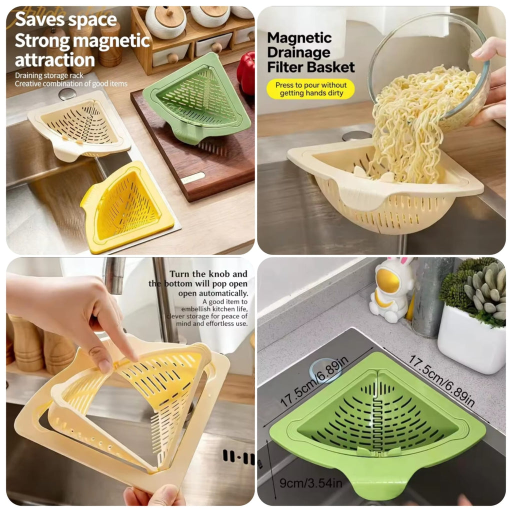 Magnetic Corner Sink Drain Basket – Kitchen Sink Strainer Basket for Food Scraps, Sponge & Sink Organization