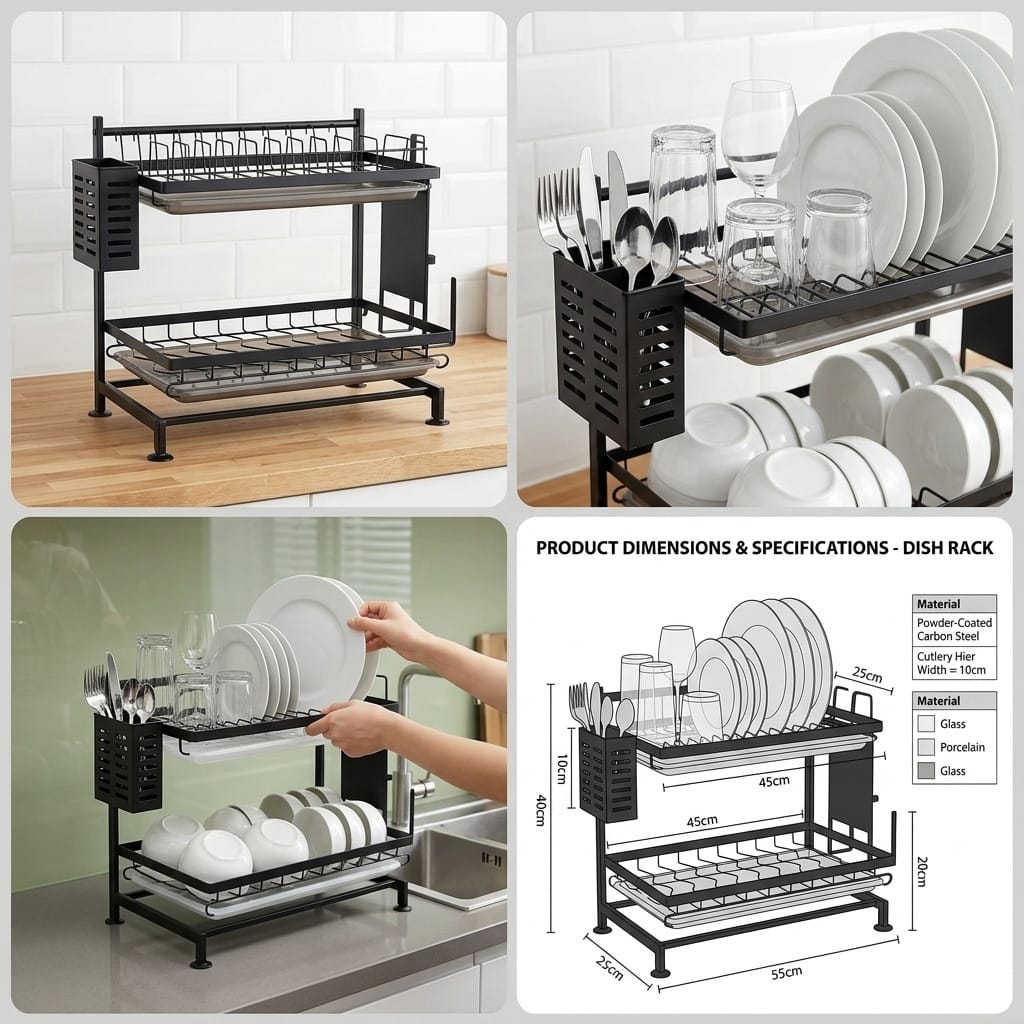 2-Tier Stainless Steel Dish Drying Rack – Premium Kitchen Dish Organizer with Drain Tray (Box Packing)