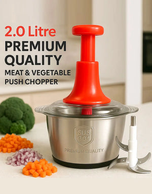 2.0L Premium Meat & Vegetable Push Chopper – 4 Stainless Steel Blades with Stainless Steel Bowl