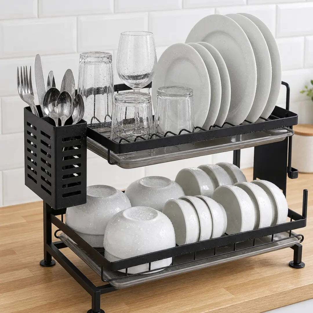 2-Tier Stainless Steel Dish Drying Rack – Premium Kitchen Dish Organizer with Drain Tray (Box Packing)