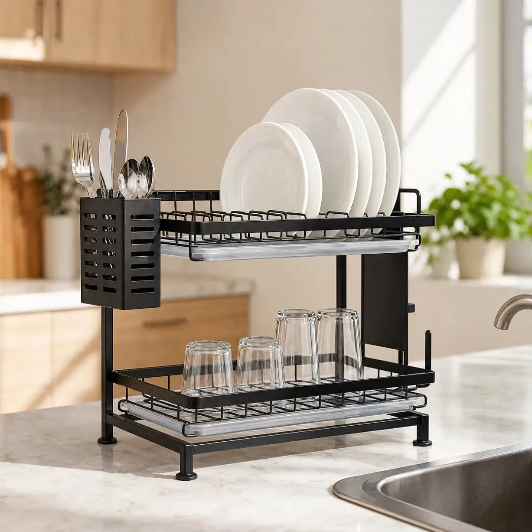 2-Tier Stainless Steel Dish Drying Rack – Premium Kitchen Dish Organizer with Drain Tray (Box Packing)